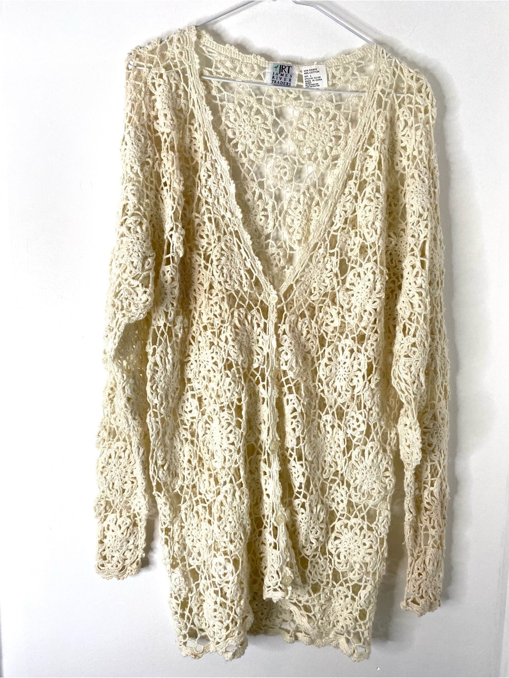 Vintage James River Traders Ivory Crochet Ramie Cotton Long Cardigan Duster